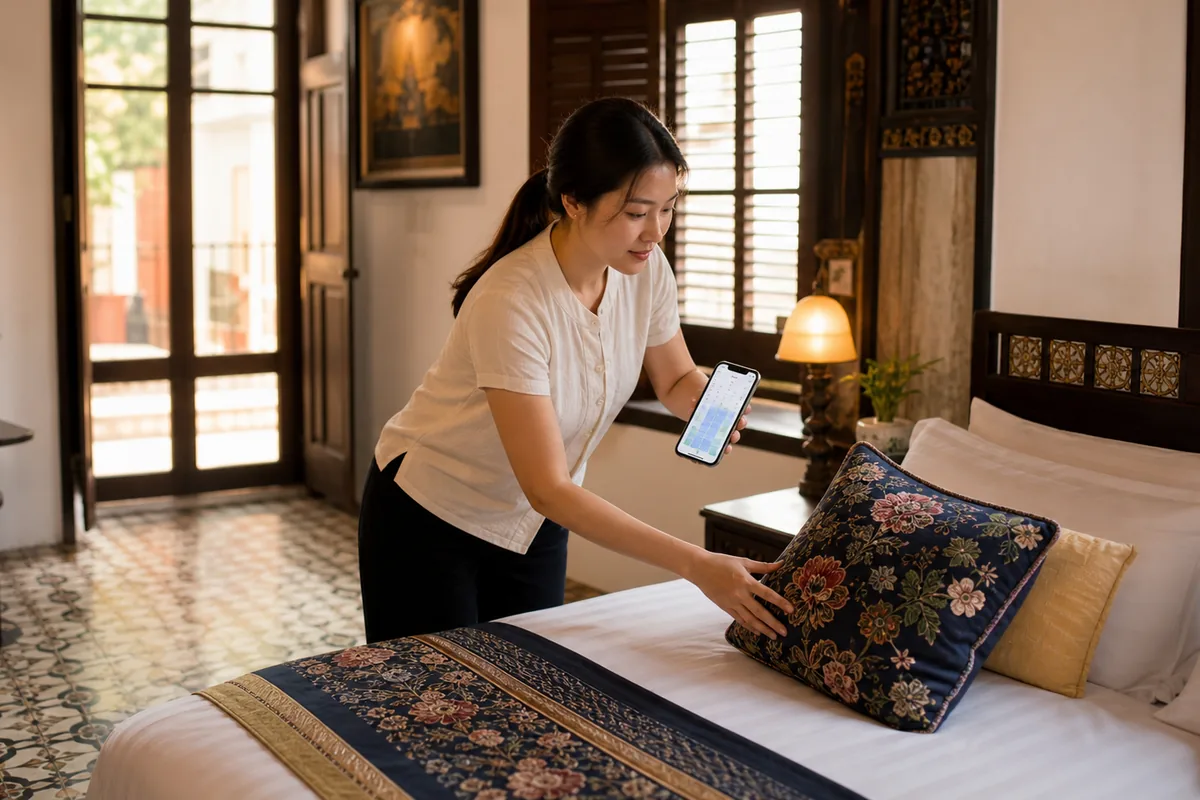 Melaka homestay host preparing a heritage guest room