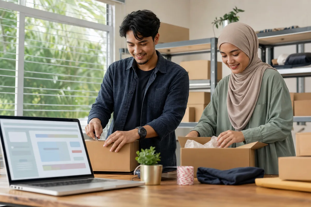 Malaysian SME owners packing online orders beside a laptop