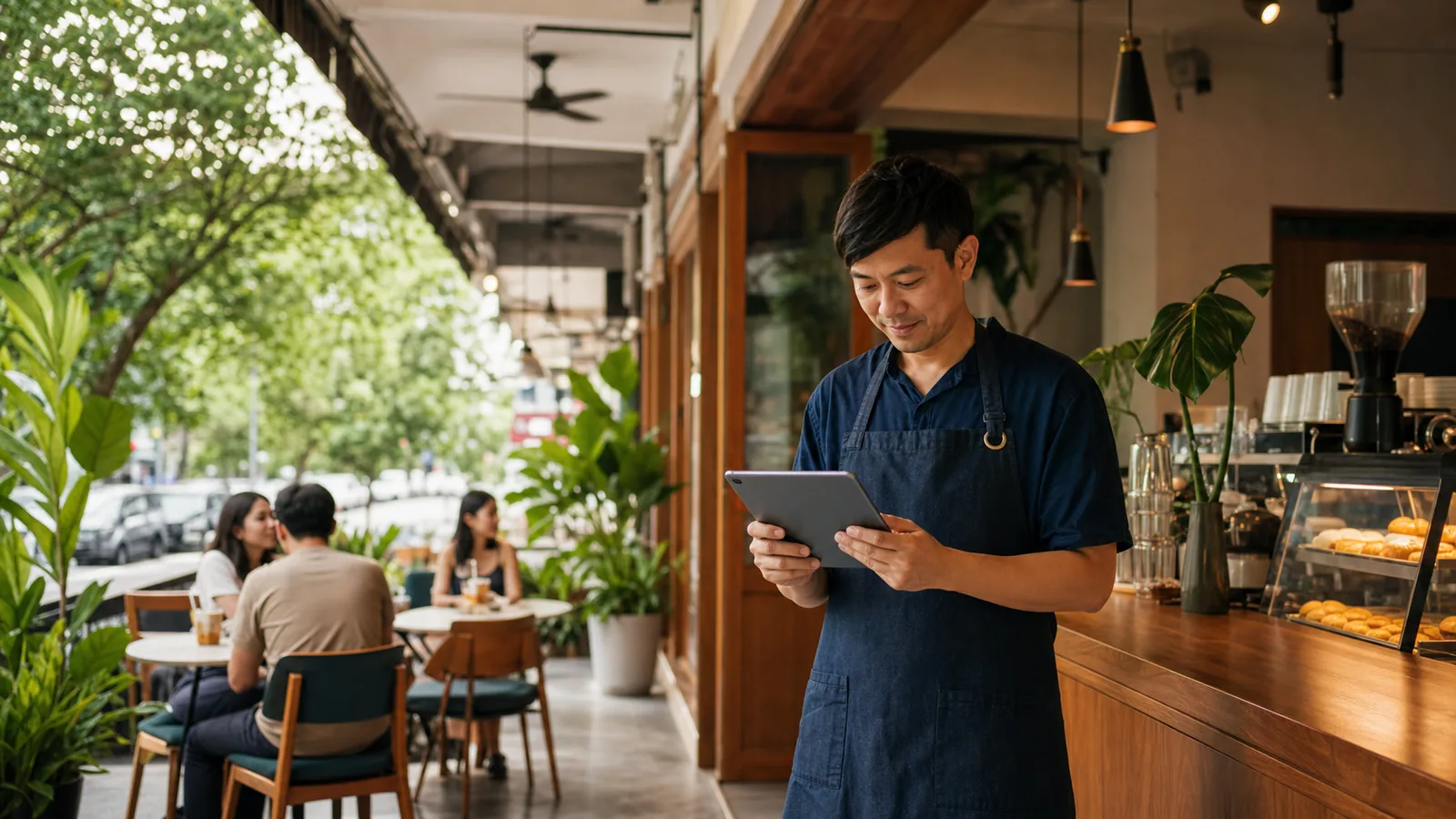 Neighbourhood cafe operator reviewing digital activity on a tablet
