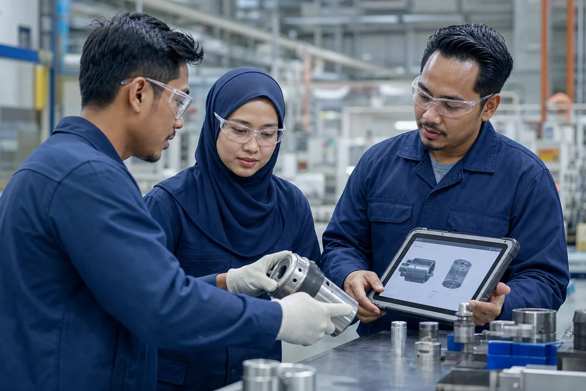 Industrial procurement team comparing a precision component with a tablet