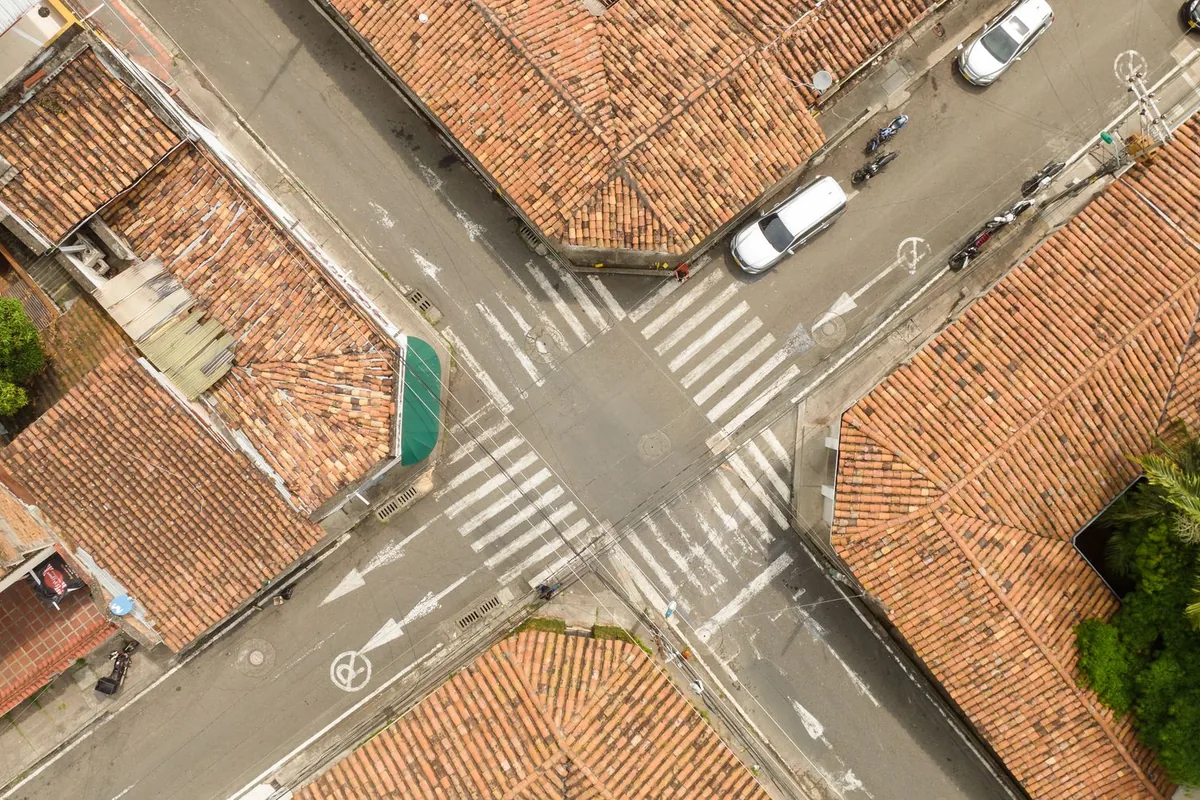 Aerial view of roads meeting across an urban neighbourhood